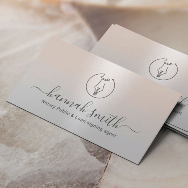 Notary Loan Signing Agent Pen Nib Logo Silver Business Card (Creator Uploaded)