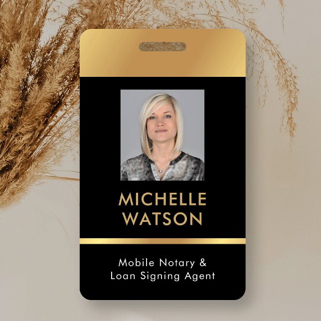 Notary Loan Signing Agent Photo ID Black & Gold ID Badge (Modern employee photo ID badge in black and gold)