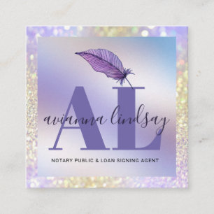 Notary Loan Signing Agent Purple Glitter Monogram Square Business Card