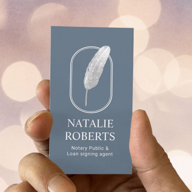 Notary Loan Signing Agent Quill Logo Dusty Blue Business Card (Creator Uploaded)