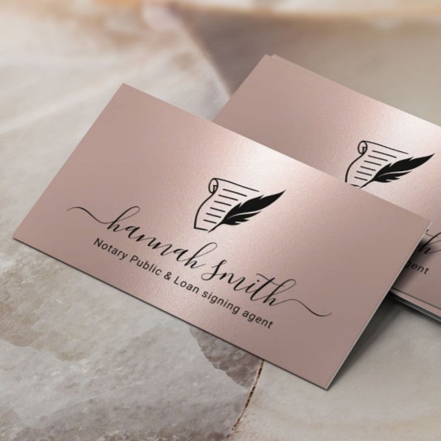 Notary Loan Signing Agent Quill Logo Rose Gold Business Card (Creator Uploaded)