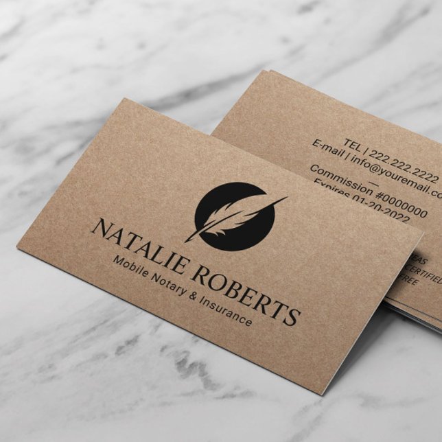 Notary Loan Signing Agent Quill Logo Rustic Kraft Business Card (Creator Uploaded)