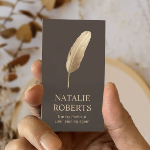 Notary Loan Signing Agent Quill Pen Brown & Gold Business Card