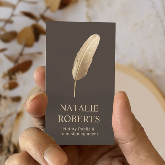 Notary Loan Signing Agent Quill Pen Brown & Gold Business Card (Creator Uploaded)