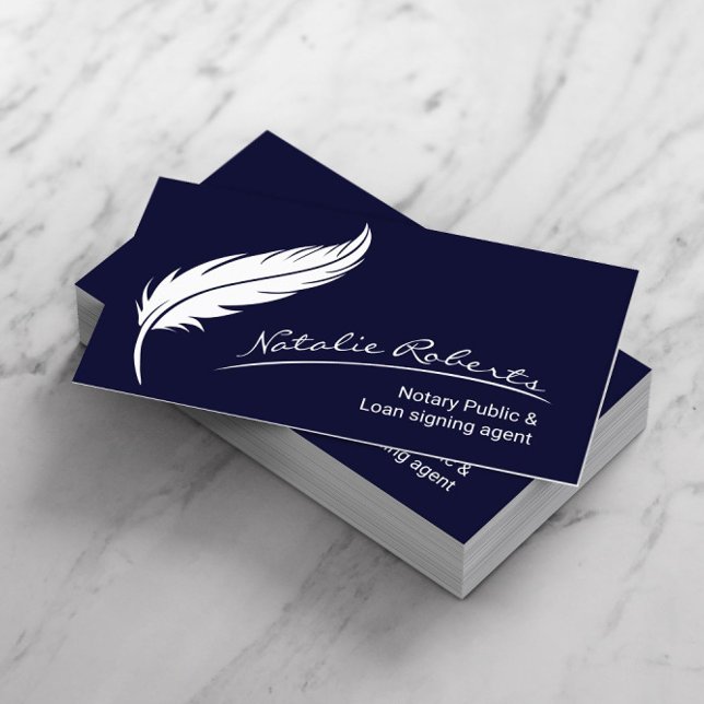 Notary Loan Signing Agent Quill Signature Navy Business Card (Creator Uploaded)