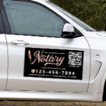 Notary Loan Signing Agent Rose Gold & Black  Car Magnet<br><div class="desc">Advertise your Notary business and attract new customers with this modern QR Code Notary Loan Signing Agent Car Magnet. Design features typography script ''Notary'', feather pen in trendy rose gold faux foil texture. Qr code, your phone number, website and additional information on a black background. Perfect for Mobile Notary, Loan...</div>