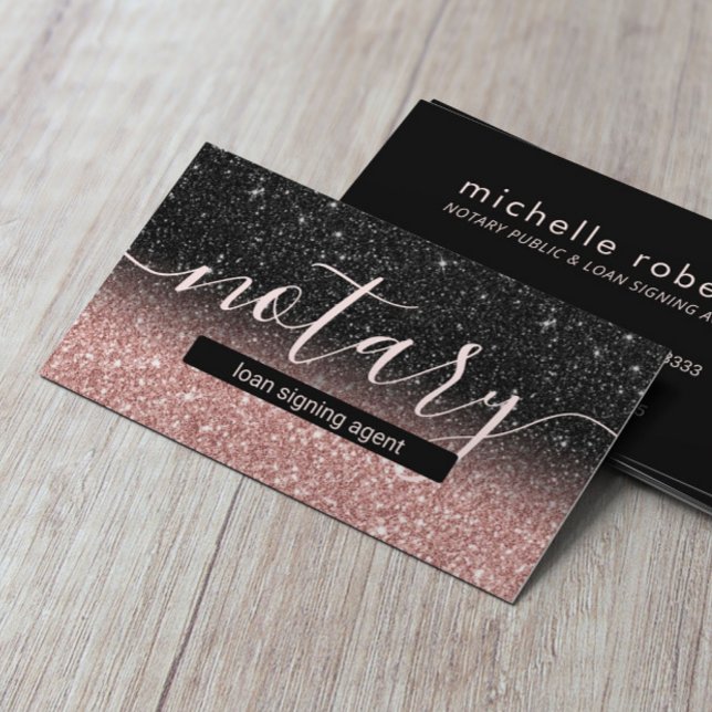 Notary Loan Signing Agent Rose Gold Black Glitter Business Card (Creator Uploaded)