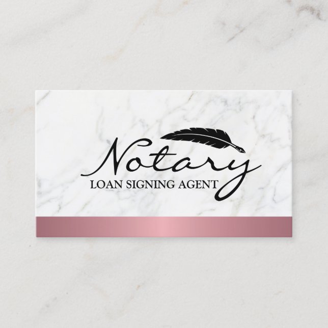 Notary Loan Signing Agent Rose Gold Border Marble  Business Card (Front)