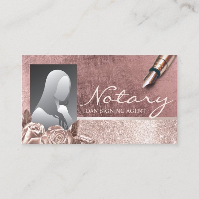 Notary Loan Signing Agent Rose Gold Floral Photo Business Card (Front)