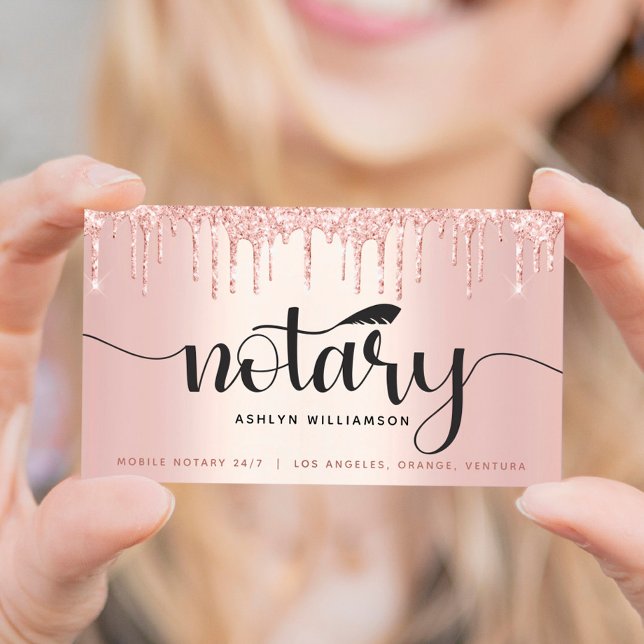 Notary Loan Signing Agent Rose Gold Glitter Script Business Card (Creator Uploaded)