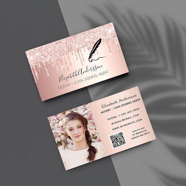 Notary loan signing agent rose gold photo QR code Business Card (Creator Uploaded)