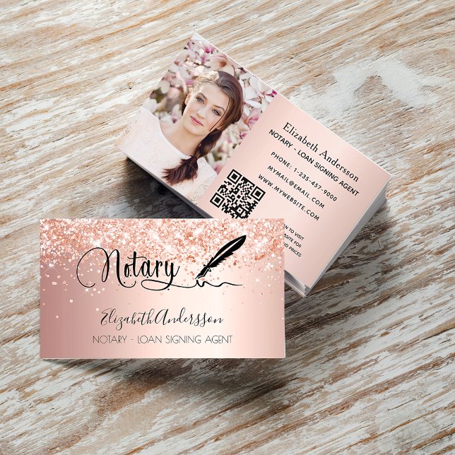 Notary loan signing agent rose gold photo QR code Business Card (Creator Uploaded)