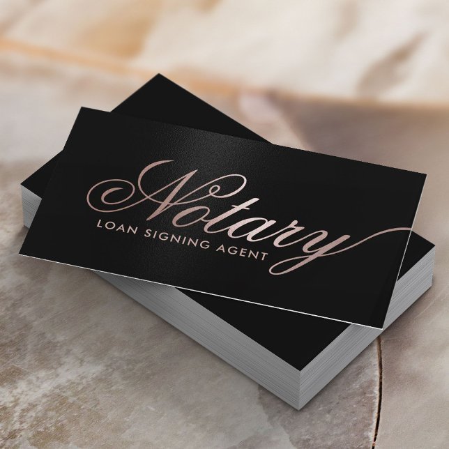 Notary Loan Signing Agent Rose Gold Script Black Business Card (Creator Uploaded)