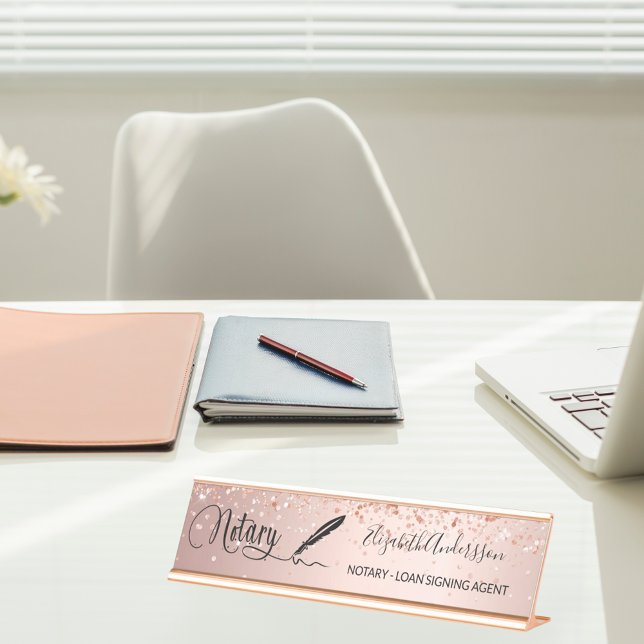 Notary loan signing agent rose gold script desk name plate (Creator Uploaded)