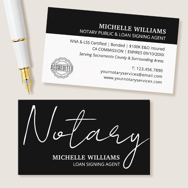 Notary Loan Signing Agent Script Logo Black Business Card (Creator Uploaded)