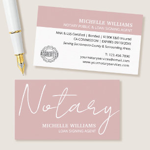 Notary Loan Signing Agent Script Logo Dusty Pink Business Card