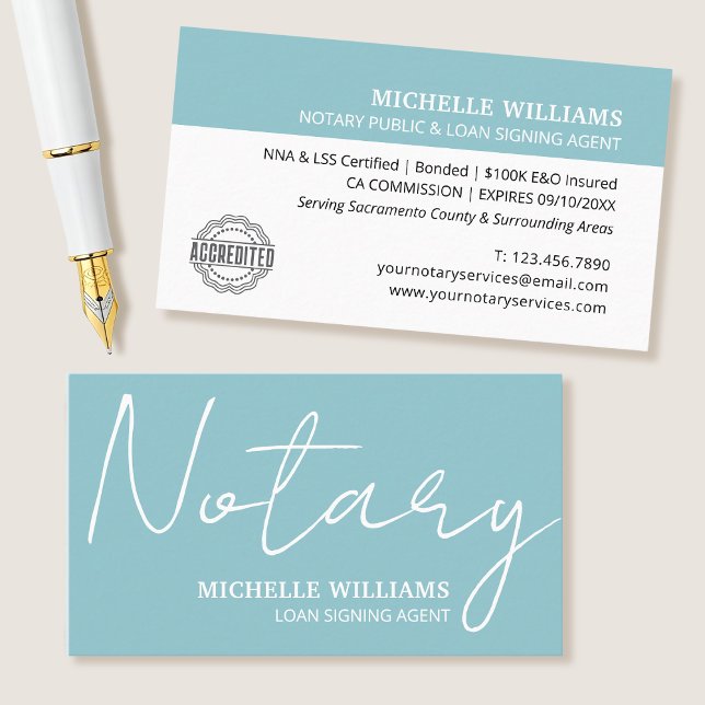 Notary Loan Signing Agent Script Logo Turquoise Business Card (Creator Uploaded)