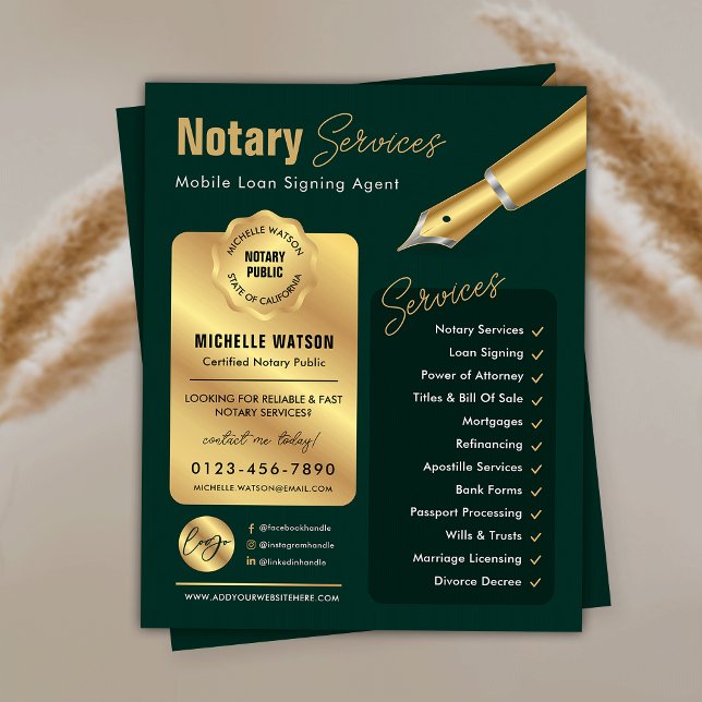 Notary Loan Signing Agent Stamp Green & Gold Logo Flyer (Modern green and gold notary loan signing agent marketing flyer with your custom photo and logo)