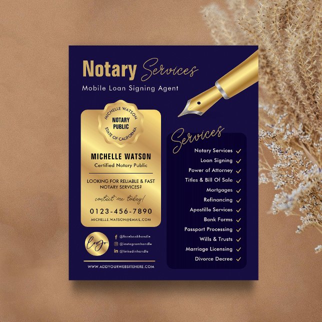 Notary Loan Signing Agent Stamp Navy & Gold Logo Flyer (Modern navy blue and gold notary public marketing flyer with your custom photo and logo)