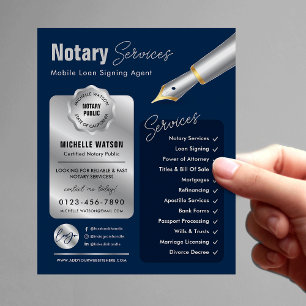 Notary Loan Signing Agent Stamp Navy & Silver Logo Flyer