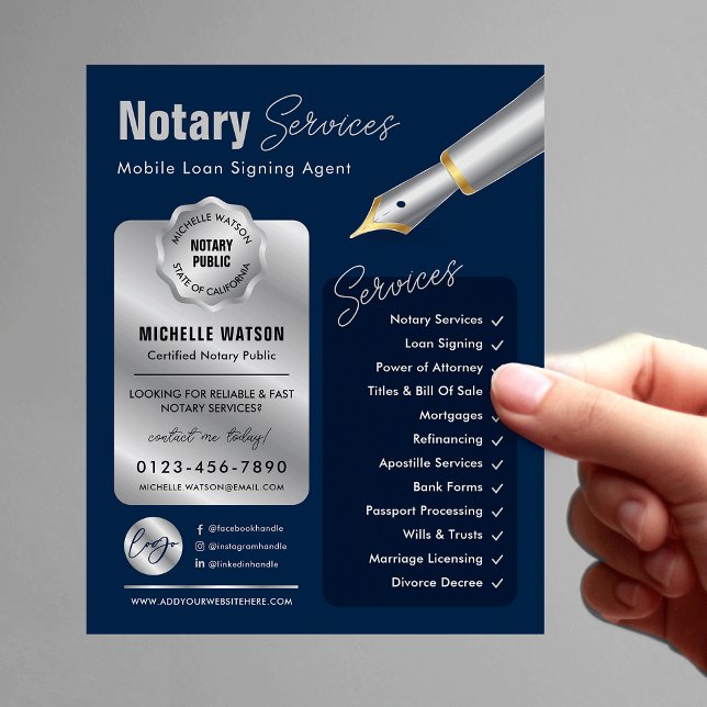 Notary Loan Signing Agent Stamp Navy & Silver Logo Flyer (Modern navy blue and silver notary public marketing flyer with your custom photo and logo)
