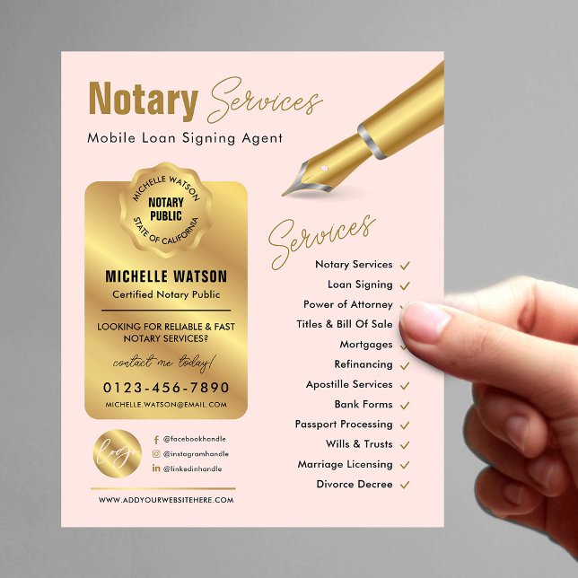 Notary Loan Signing Agent Stamp Pink & Gold Logo Flyer (Blush pink & gold notary public marketing flyer with your custom photo and logo)