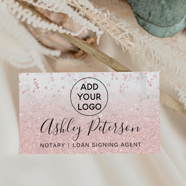 Notary logo confetti marble rose gold glitter business card (Creator Uploaded)