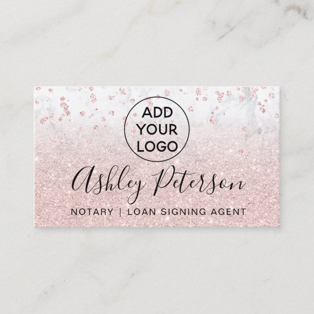 Notary logo confetti marble rose gold glitter business card (Front)