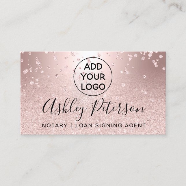 Notary logo confetti metallic rose gold glitter business card (Front)