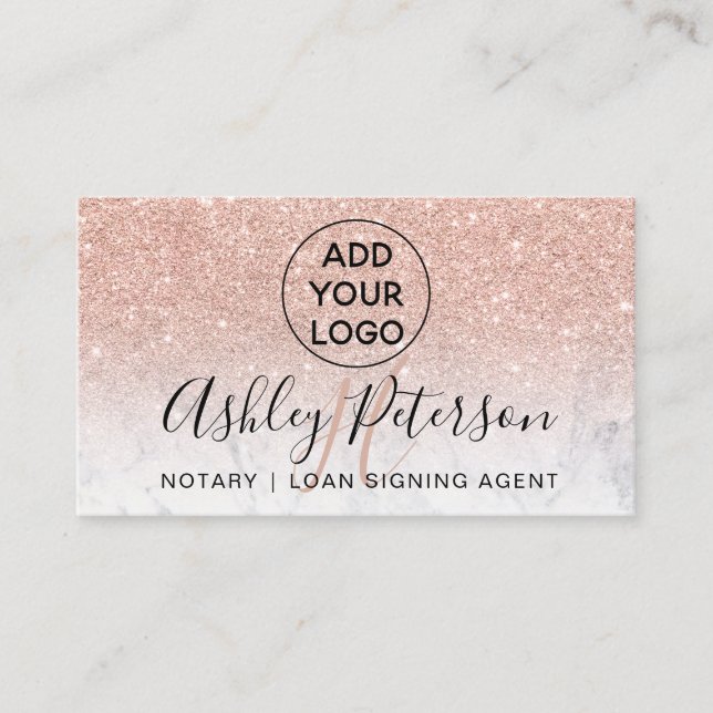 Notary logo monogram marble rose gold glitter business card (Front)