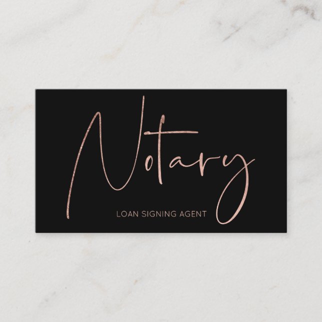 Notary modern rose gold typography black business card (Front)