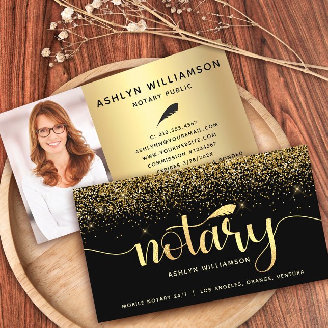 Notary Photo Black Gold Glitter Loan Signing Agent Business Card (Creator Uploaded)