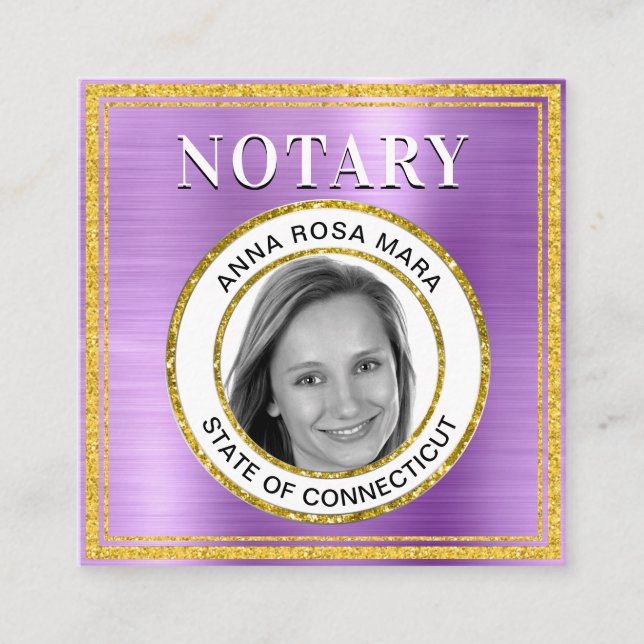 *~* NOTARY PHOTO METAL VIOLET Signing Agent  Square Business Card (Front)