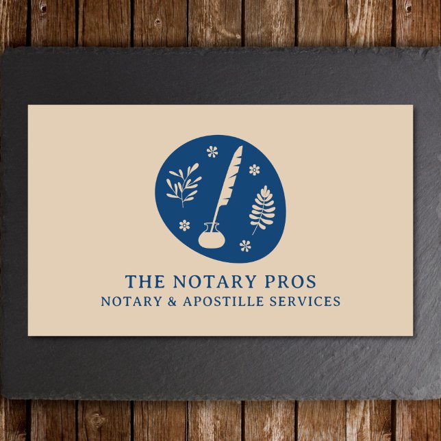 Notary Public Apostille Service Earthy Boho Quill Business Card (A notary business card featuring a quill in a boho style. Shown on a slate and wood background. )