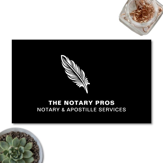 Notary Public Apostille Service Modern Black Business Card (Modern Notary & Apostille Service business card. Shown on a light desktop background.)