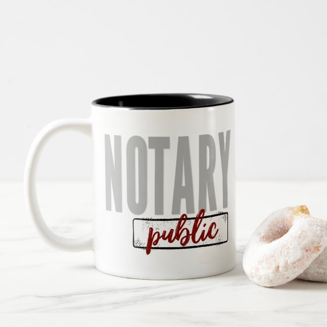 Notary Public Big Font Faded Black with Barn Red Two-Tone Coffee Mug (With Donut)