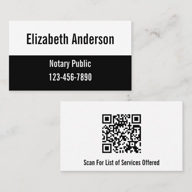 Notary Public Black and White QR Code Template Business Card (Front/Back)
