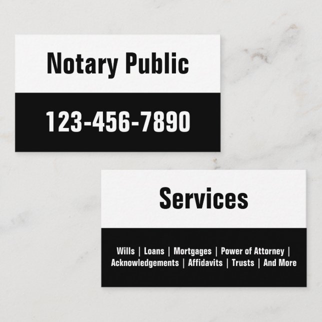Notary Public Black & White Phone Number Template Business Card (Front/Back)