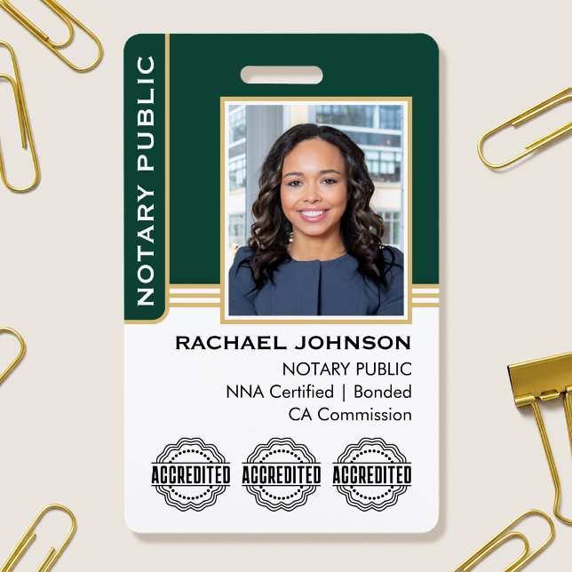Notary Public Custom Photo Logo ID Green Gold ID Badge (Creator Uploaded)