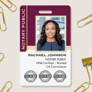 Notary Public Custom Photo Logo ID Plum Gold Badge