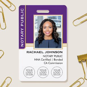 Notary Public Custom Photo Logo ID Purple Gold Badge