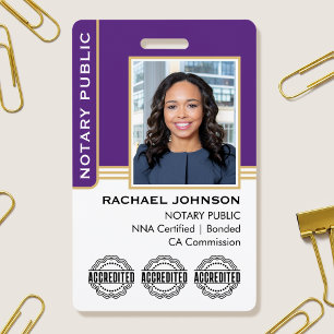 Notary Public Custom Photo Logo ID Purple Gold ID Badge