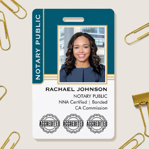 Notary Public Custom Photo Logo ID Teal Gold ID Badge