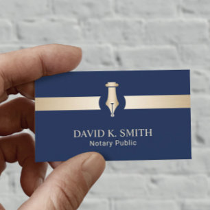Notary Public Golden Pen Elegant Navy Blue Business Card