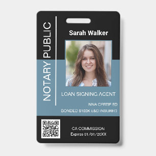 Notary Public ID office worker black dusty blue Badge