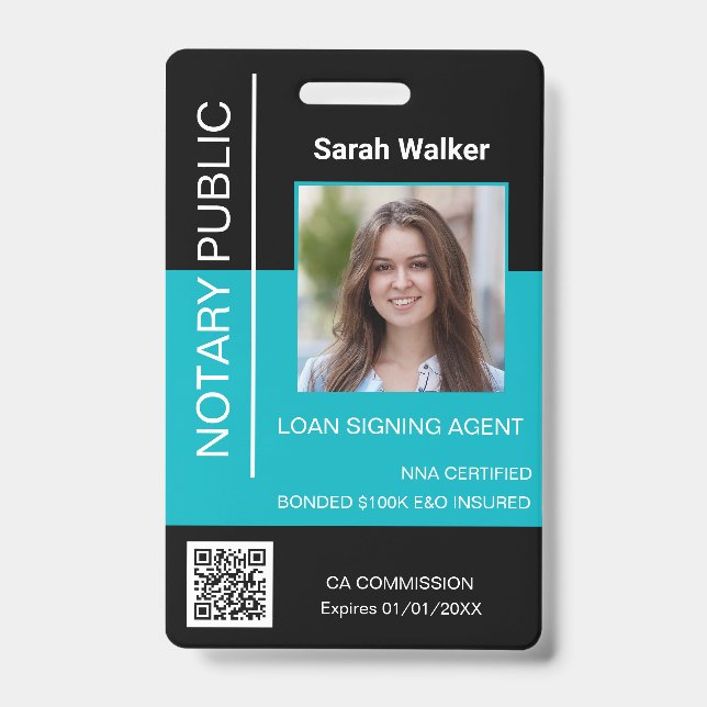 Notary Public ID office worker black turquoise Badge (Front)