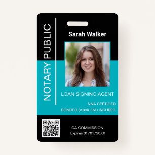 Notary Public ID office worker black turquoise ID Badge