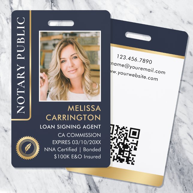 Notary Public ID Photo QR Code Dark Blue Gold Badge (Creator Uploaded)