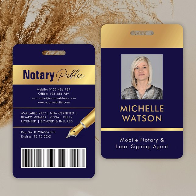 Notary Public Loan Signing Agent Employee Photo ID Badge (Modern employee photo ID badge in navy blue and gold)