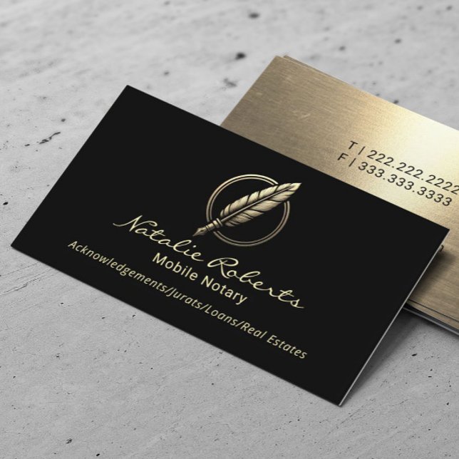 Notary Public Loan Signing Agent Gold Quill Logo Business Card (Creator Uploaded)